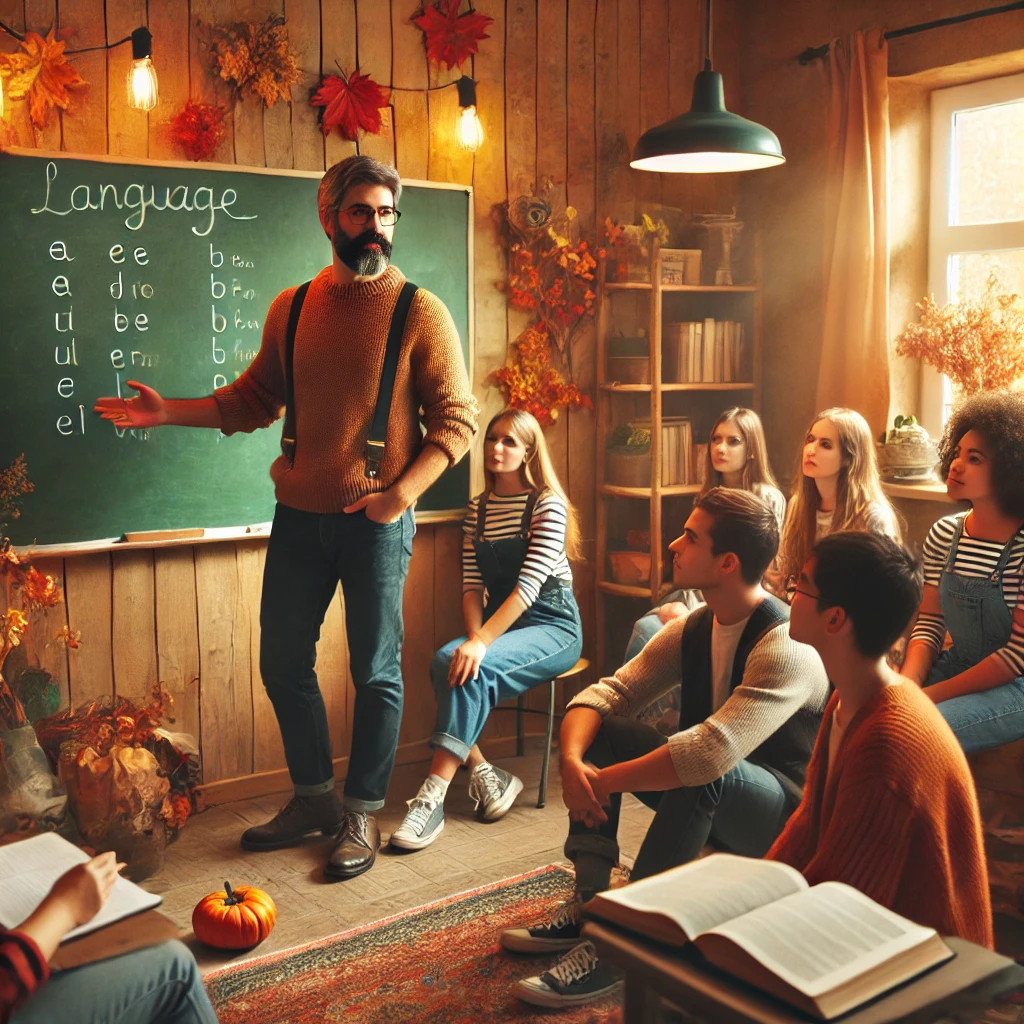 Clase de idiomas en Beasain con estudiantes de diferentes edades, un profesor hipster explicando en la pizarra, con decoración otoñal. Ideal para aprender euskera, inglés, francés o castellano en octubre