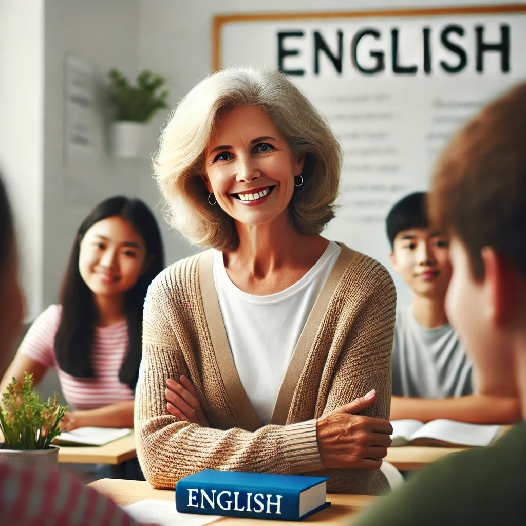 Profesora de inglés nativa en Beasain, Christine, enseñando a estudiantes locales en una clase acogedora.