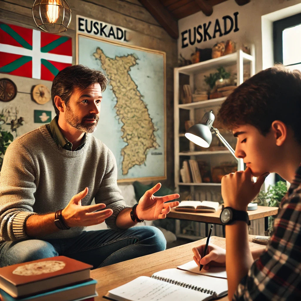  Profesor de euskera impartiendo una clase individual en un entorno acogedor con decoración cultural vasca.